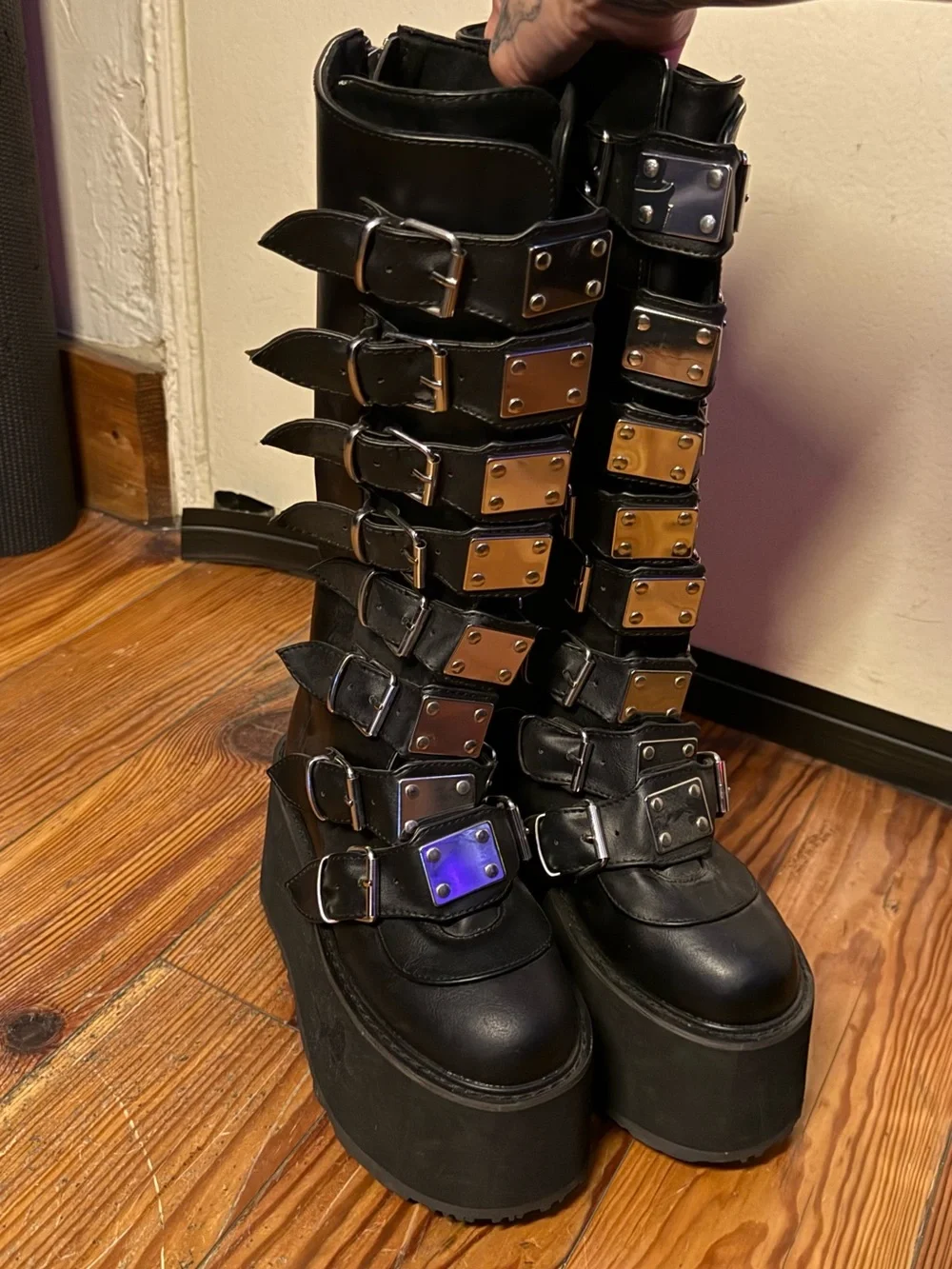 Demonia Damned 318 Black Platform Buckle Combat Boots